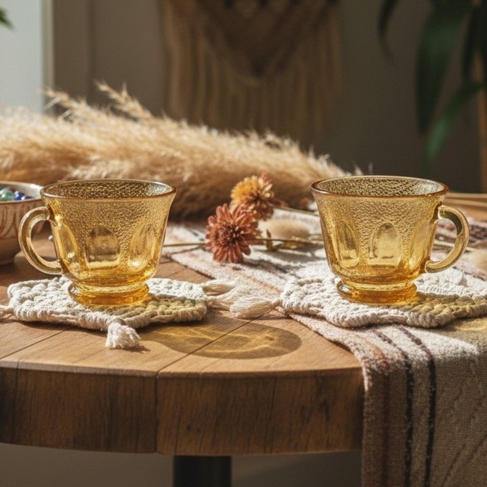 Hazel Atlas‎ Amber Teacups, Set of 2, Golden Pebblestone Vintage Pressed-Glasses